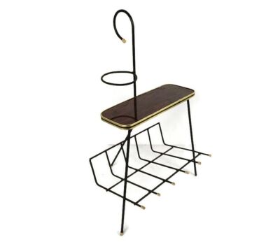 Funky Vintage Modernist Newspaper basket side table plant stand wrought iron veneer 