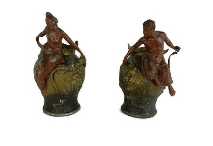 Pair art Nouveau Vases Figurines Mythical Satyr seducing lady Bronze Patinated antique