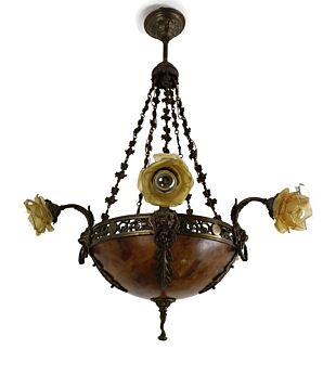 Large Art Nouveau Pendant Chandelier Alabaster Amber Flower Shades  Antique 5 lights