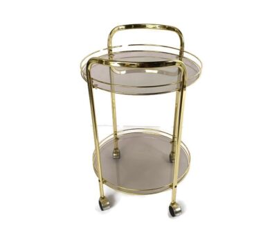 Bar cart Hollywood Regency Round Trolley Smoked Glass, Vintage Brass 2 tier Serving Cart, Cocktail 