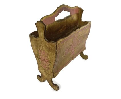 Florentine Wooden Magazine Newspaper Basket Hollywood regency Pink Gold Vintage