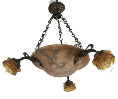 Art Nouveau Pendant Chandelier Alabaster Amber Flower Shades 3 arm Antique 4 lights