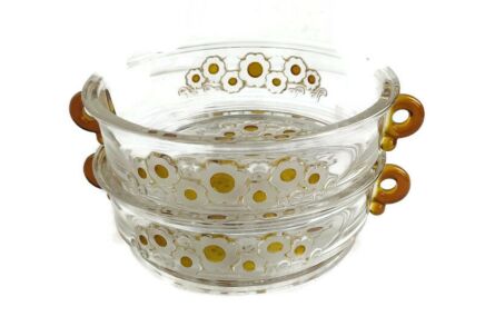 Walther glass Dish Serving Bowl Fruit Clear Amber Glass  vintage 60s West Germany Bianca Couple Pair 