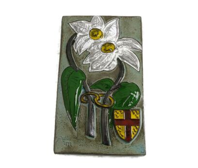 Wall Hanging Art Ceramic Wall Plaque Tile Shield Flowers Rings Vintage 