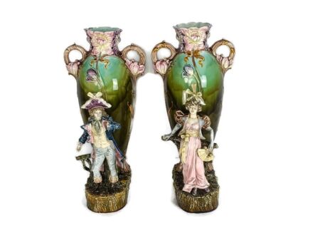 Art Nouveau French Pair Barbotine Majolica Large Vases Lady Man Figurines  Gorgeous 