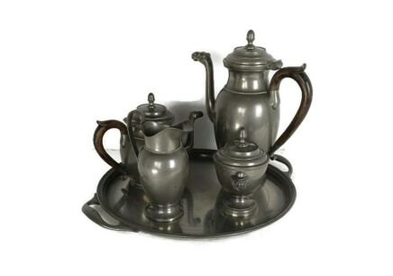 Antique Art Deco Tea Coffee Set Robert Pompe Design Belgium Pewter 5 pcs Marked