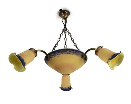 Art Nouveau Deco French Pate de Verre 4 lights Chandelier Glass paste Signed Cochelin France