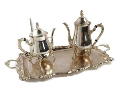 teaset coffee set teapot coffee pot silver plated vintage Grenadier England silver plated serving tray