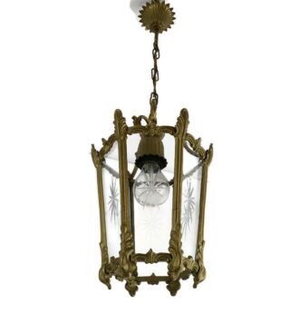 pendant Lantern Cut to Clear Art glass Ceiling Light Brass Vintage