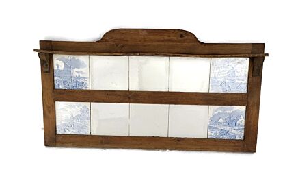 Kitchen Herbs Wall hanging Cabinet  Wood Ceramic Tiles Blue white Antique Barn style