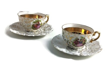 Cup and Saucers  Bavaria Germany small Mocha Coffee Cup Gold Gilded Victorian scenes 4 pieces