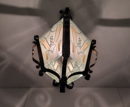 Antique art deco pendant lantern Glass Brass hallway Fixture Light 