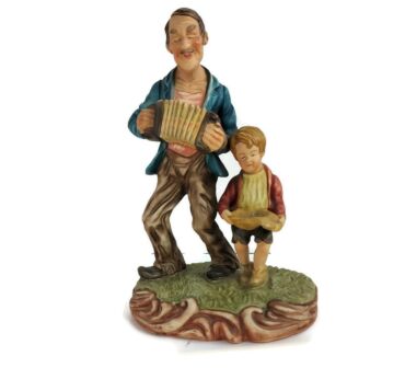 Vintage Porcelain  Figurine Portugal Capodimonte style Grandfather Boy accordion Collecting money