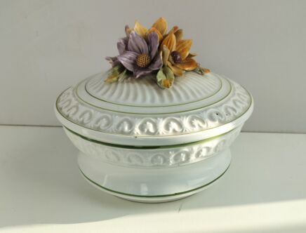 art Deco Dish Bowl Lidded 3D Porcelain flowers antique Centerpiece 