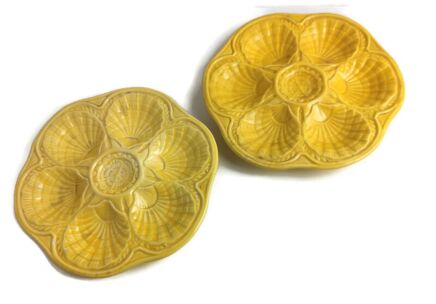 two Yellow Pottery faience Ceramic Oyster Plates Seafood Crab Vintage Modernist 