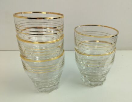 set of 5 vintage limonade glasses France lined  pattern Gold Rim Modernist