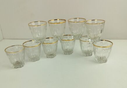 set of 10 vintage shot glasses France checkered pattern Gold Rim Modernist