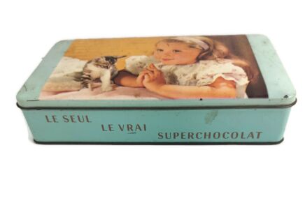 Le Vrais Superchocolat Chocolat jacques Tin Box Modernist little girl with Kitten Belgium