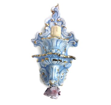 Wall Sconce Lamp Light Blue Porcelain Flowers Hand Painted vintage Bassano Italy 