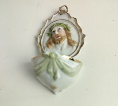 Antique Miniature Gorgeous Holy Water font Vessel  Bisque Porcelain  white Jesus  Head of thorns