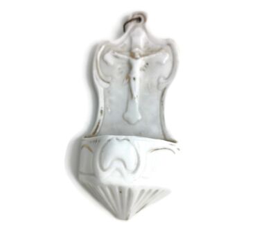 Small Holy Water Font Wall hanging Vessel porcelain bisque Crucifixion antique marked