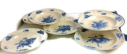 Antique 1900 Soup Plates 7 pieces  Boch Mettlach rare Blue Rose   Art Nouveau