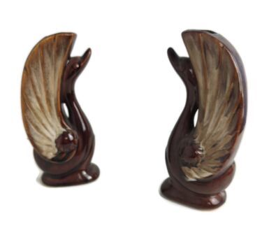 pair of art Deco Antique small vases duck heads glazed brown ceramic lovely