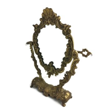 Rococo Ornate Brass Standing Adjustable Swivel Make up Vanity Mirror Putti Shell Vintage