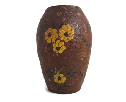 Art Deco Pottery Faience Vase Brown with yellow flowers 20s Antique