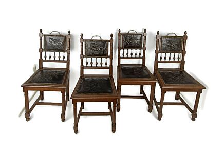 set of 4 Antique  Gothic 1900s Chairs  Ornate Heavy Wood Renaissance  Dragons Leather 