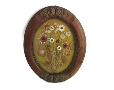 Oval Wooden Framed Shadow Box Dried Flowers Vintage wall hanging Carved ornate wood