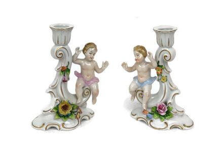 2 Vintage  Unterweisbach East Germany Sculptural  Porcelain Cherubs Putti Candle Holders 