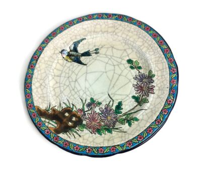 Longwy, Round Polychrome Enamel Dish Birds Swallow Decor Around 1900 Small France