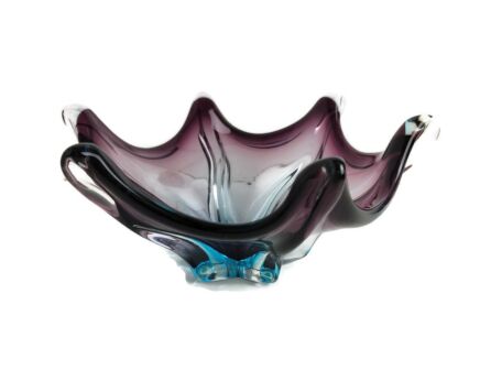 Italian Small Blue Purple Clear Bowl Dish Centerpiece Murano Seguso Art Glass Modernist  