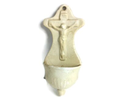 Small Antique Holy Water Font White Porcelain Crucifixion, Vessel Jesus Christ Art Deco