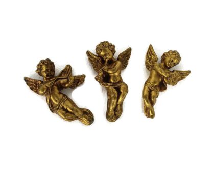 3  lovely gold gilded Putti playing Musical instruments  Plaster  Figurines Wall decorations