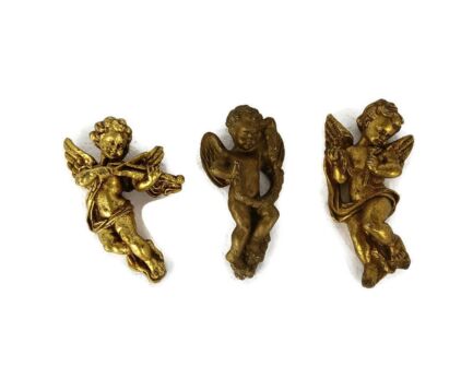 3  lovely gold gilded Putti  Angels playing Musical instruments  Plaster  Figurines Wall decorations