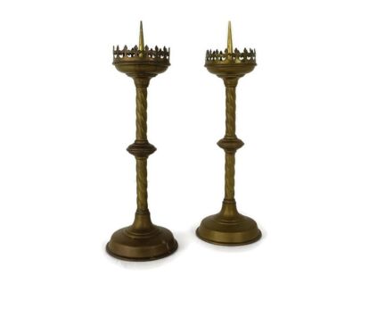 Pair Antique Candle Holders Candle sticks Church Chapel Altar Monastery Brass 1800s Neo Gothic  