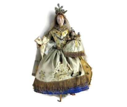 Antique extremely Rare Stake Madonna Flanders hand made Wax Paper Doll 1800s Virgin mary 