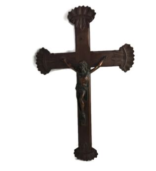 vintage Hanging crucifix Cross Carved wood red Copper Corpus Jesus Christ