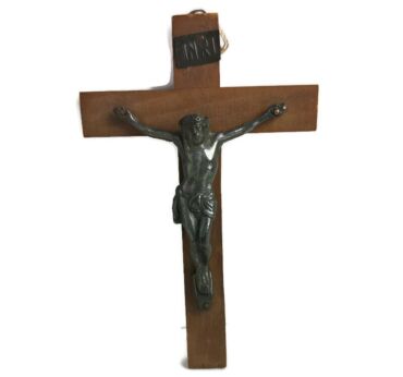 Small hanging Crucifix Cross Carved Wood Brass Corpus  Jesus Christ Saviour Vintage