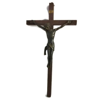 Vintage Hand Carved wood Hanging Crucifix Cross Jesus Christ Brass Corpus Modernist