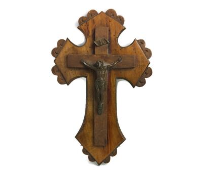 Small Sweet  Antique Art Deco  Hanging Crucifix Cross Spelter Corpus on Wood  Jesus Christ