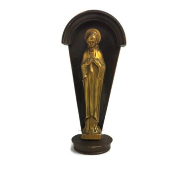 Wall hanging Wooden Niche Chapel with Brass madonna Virgin mary Small Art Deco