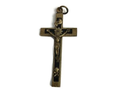 Small antique Brass Spelter Hanging Crucifix Jesus Christ Priest Nun Decorative 