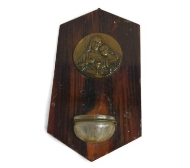 Art Deco Antique Holy water Font Vessel faux Brass Wood Communion Jesus with st John