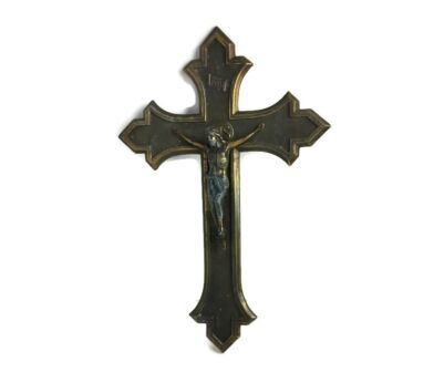 Antique Crucifix Belgian  J.M.P.C.  Jesus Cross Brass Wall Hanging INRI & IHS Crucifix  Belgium