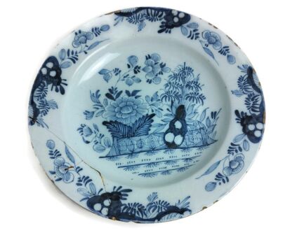 19th Century Delft Wall hanging Charger Plate Blue White Antique Flowers Pattern