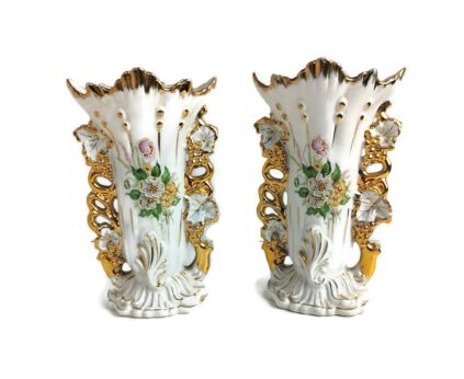 Lovely couple Antique French  Porcelain Fan Flair Bridal Vases  Hand Painted Enamel 