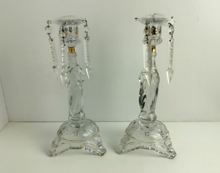 Couple Candle Holders Art Glass Gold Touches  Holy Heart Virgin Mary Christ Prisms Vintage